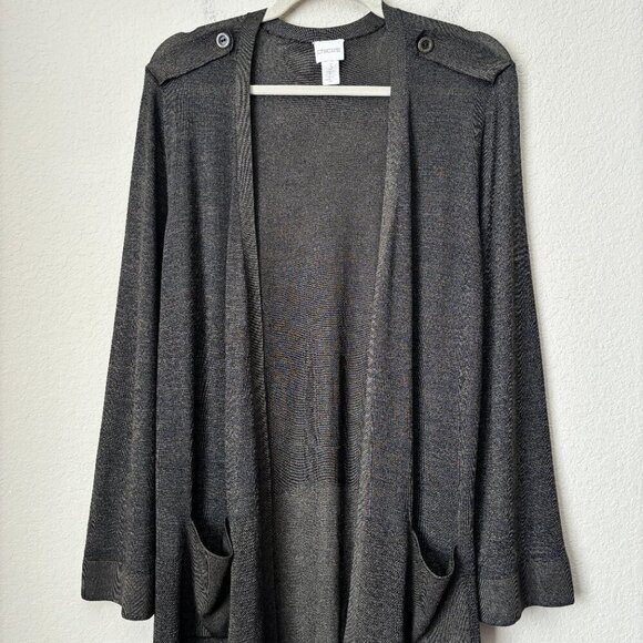 Chico's XL Mix Stitch Longline Open Front Green Shimmer Cardigan - Picture 3 of 15